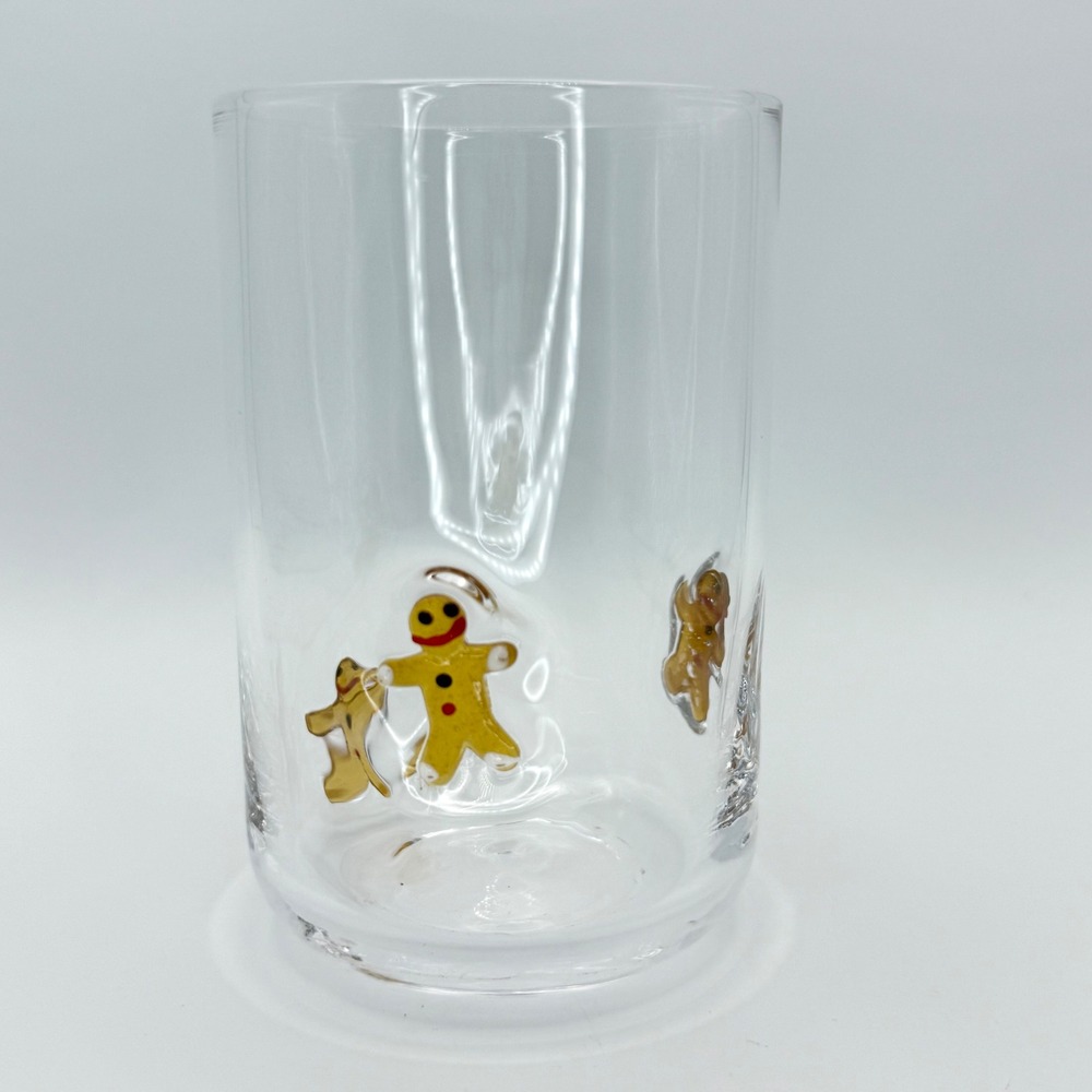 Handblown Clear Glass Tumbler with 3D Gingerbread Man Figurines Holiday 4.75in